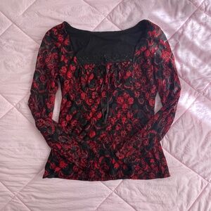 Red/Black Velvet Milkmaid Top w/ Beaded Detail